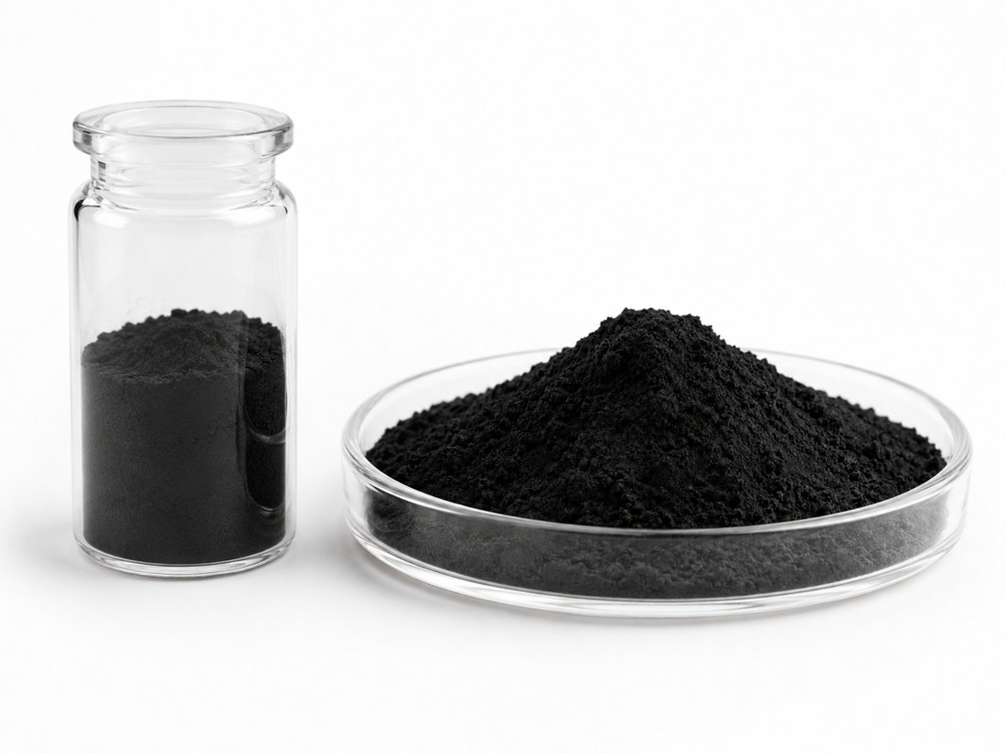 OS-1 hard carbon powder in a vial and petri dish